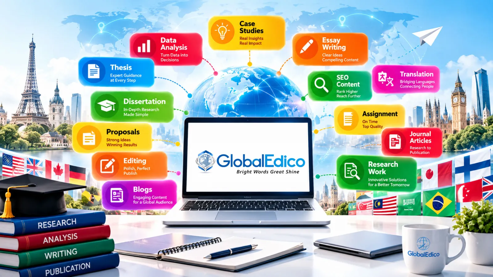 GlobalEdico services: thesis, dissertation, proposals, editing, blogs, data analysis, case studies, essay writing, SEO content, translation, assignments, journal articles and research work for clients worldwide